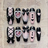 10pcs Black Edge French Press on Nails Wearable Pink Med-length Ballet False Nail Love Pearl Bow Design Full Cover Nail Tips Art