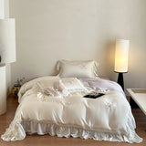 Organza Lace Ruffles Butterfly Embroidery Bedding Set Lyocell Cotton Soft Silky Duvet Cover Flat/Fitted Bed Sheet Pillowcases