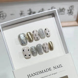 10Pcs Handmade Press on Nails Cat Eye Design Short Ballerina Full Cover Cute Bow Tie Sequin French False Nails Wearable Manicure