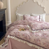 500TC Egyptian Cotton Vintage French Rose Flowers Print Ruffles Bedding Set Duvet Cover Flat/Fitted Bed Sheet Pillowcases 4Pcs