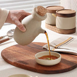 Ceramic Seasoning Jar Retro Japanese Style Home Kitchen Salt Chili Sugar Jar Oil Pot Wooden Lid Spice Kitchen Utensils Modern