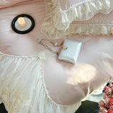 4Pcs Pink Romantic Lace Ruffles Princess Wedding Bedding Set 100% Cotton Duvet Cover Bed Sheet Or Quilted Bedspread Pillowcases