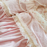 Pink Princess Style Pleated Lace Ruffles Carved Velvet Warm Soft Bedding Set Duvet Cover Flat/Fitted Bed Sheet Pillowcases 4Pcs