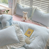 3pcs Pink Grid Bedding Set bedding set lace duvet cover and 2pcs pillowcases (no padding), suitable for bedroom