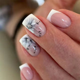 24pcs Sweet Cool False Nails Gradient French Fake Nail Tips with Purple Flowers Design Short Square Press on Nails Colorful Nail
