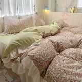 Floral print Korean style Princess Lace Bedding Set Duvet Cover Set Washed Cotton Flat Sheet set Queen For Girl Decor Home