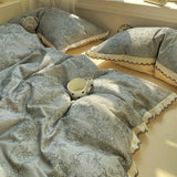 100% Brushed Cotton Bedding Set French Vintage Floral Duvet Cover Black Lace Trim Soft Pure Cotton Bed Sheet Pillowcases 4Pcs