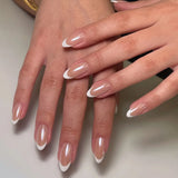 24pcs Wearable French False Nails Art Ocean Long Almond Fake Nail Tip Pearl Design Press on Nails Gradient White Full Cover Nail