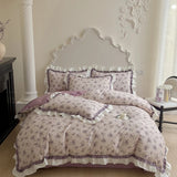 500TC Egyptian Cotton Vintage French Rose Flowers Print Ruffles Bedding Set Duvet Cover Flat/Fitted Bed Sheet Pillowcases 4Pcs