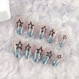 Blue Plaid French Style Fake Nails Y2K Star Diamond Designs Almond Press on Nails Sweet Girls Wearable False Nails Tips 24Pcs