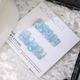 10 Pcs New Blue Dreamy Grid Press on Nails Cute Bowknot and Love Shape Cat's Eye Nail Patch Women Girls Detachable Fake Nails