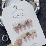 10PCS wearable french pink nails with bubble diamonds full cover handmade false nails with glue ballet long coffin press on nail