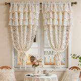 French Vintage Embroidered Lace Beige Sheer Curtain,Three-Tiered Cake Skirt Valance Sheer Voile For Living Room,Bedroom Windows