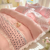 4Pcs Bedding Set Korean Princess-Style White Lace Duvet Cover Pillowcases And Ruffled Bed Skirt Couple Quilt King-Size Sheets