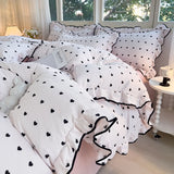 Heart Print Duvet Cover Set Princess Style Lace Ruffles Bedding Set Queen King Skin Friendly Soft Quilt Cover Sheet Pillowcases
