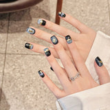 10Pcs Retro Handmade Cat Eye Press on Nails Full Cover Flower Short Blue French Ballet False Nails Artificial Wearable Manicure