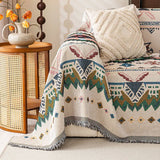 1PC-Retro Bohemian ethnic sofa cover, pet friendly scratch resistant sofa protector with colorful patterns and fringed edges