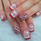 24pcs Shiny Powder Full Cover Nail Art French Red Short Square Fake Nails Christmas Snowflake False Nail Reusable Press on Nails