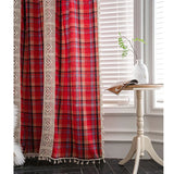 Christmas Grid Curtains Road Pocket Shade Curtain for Tassel Kitchen Bedroom Room Living Bay Window Cabinet Curtain