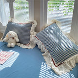 Blue Plaid Lace Ruffles Bedding Set 100% Cotton Double Layer Thread Wrinkled Yarn Duvet Cover Flat/Fitted Bed Sheet Pillowcases