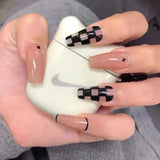 24pcs Gradient Nude Color Fake Nails Medium Coffin False Nails Ballet Heart Pink Diamond Press on Nails Cute Sweet Bowknot Nail