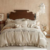100% Pure Linen Flowers Embroidery Ruffles Luxury Queen King Size Bedding Set Natural Flax Duvet Cover Bed Sheet Pillowcase 4Pcs