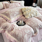 Luxury Thickened Warm Winter Bedding Set Blooming Flowers Carved Velvet Duvet Cover Flat/Fitted Bed Sheet Pillowcases 4Pcs