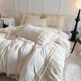 Pink Princess Style Pleated Lace Ruffles Carved Velvet Warm Soft Bedding Set Duvet Cover Flat/Fitted Bed Sheet Pillowcases 4Pcs