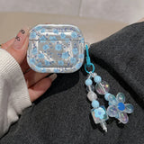Luxury Bling Blue Floral Fresh Flower Case For AirPods 1 2 3 Case For Airpods 4 Pro Bluetooth Earphone Cover with Beads Keychain