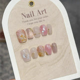 10pcs Short Coffin Press on Nails Shiny Green Cat Eye Nail Hand Paint Mini Flower Fake Nails Pearl Gold Foil Enamel False Nails