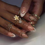 24Pcs Y2K Almond Press on Nails 3D Pink Flowers Stick on Nails Polka Dot Nail Sweet Cool Leopard Print False Nails Metal Nail