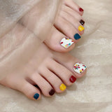 10pcs Wearable Handmade False Toenails Art White Short Square Fake Nail Tips Flower Design Full Cover Nail Simple Press on Nails