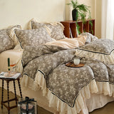 Vintage French Lace Ruffles Bedding Set Pure Cotton Wrinkled Yarn Soft Duvet Cover Set Flat/Fitted Bed Sheet Pillowcases 4Pcs