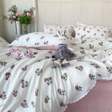 Princess Floral Bedding Set Lace Romantic Rose Flat Fitted Sheet With Orange Pillowcases Soft Polyester Full Size For Women Girl