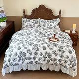 French Pastoral Style Rose Flowers Print Lace Bedding Set Single Queen King Size 100% Cotton Duvet Cover Bed Sheet Pillowcases