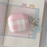 Pink and White Plaid + Heart Pendant Suitable for Apple for Airpodspro2 Case/For Airpodspro Case/For Airpods4 Case/For Airpods3 Case/For Airpods2 Case
