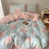 Korean Style Cute Bedding Set For Girls Bed Linen New Skin Friendly Fresh Flora Printed Washed Cotton Duvet Cover Set