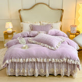 3/4Pcs Warm Milk Velvet Bedding Set Luxury Princess Flowers Lace Edge Duvet Cover Bed Skirt Bedspread Pillowcase Home Textile