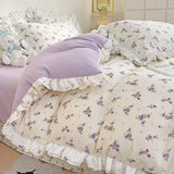 Princess Style Lace Ruffles Bedding Set Purple Tulips Duvet Cover and Flat Sheet Pillowcases Girls Romantic Floral Home Textiles