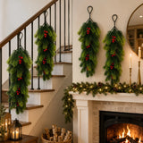Single Piece Christmas Artificial Pine Hanging Spray with Red Berries Pinecones, Winter Greenery Stem for Mantel Stair Holiday