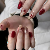 24pcs Red French Press on Nails Almond False Nails 3D Flowers Stick on Nails Sweet Cool Golden Line Nail Rhinestone Fake Nail