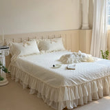 4Pcs Lace Ruffles Bow Wedding Bedding Set Pure Cotton Duvet Cover Set Double Layer Lace Quilted Bedspread Bed Sheet Pillowcases