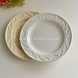 French Style Relief Dining Plates Household Solid Color Bread Plates Simple Ceramic Tableware Nordic Restaurant Dessert Disc