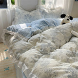 A-Class Skin Friendly Printing Bedding Set With Lace Duvet Cover Bed Sheet Pillowcases Four Piece Set Bedroom Decor Home Textile