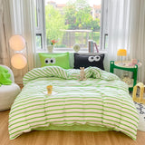 4pcs Simple Color Stripes Duvet Cover Set Cute Green Pink Bedding Big Eye Pattern Pillowcases Comforter Cover with 1 Bed Sheet