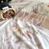 Rose Flower Print Bedding Set Luxury Lyocell Cotton Chiffon Lace Ruffles Duvet Cover Bed Sheet/Bed Skirt/Fitted Sheet Pillowcase