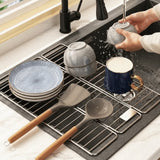 Stainless Steel Folding Dish Drying Rack Rust‑Resistant Heavy Duty Sink Dish Drying Rack Adjustable Space Saving Sink Drain Rack