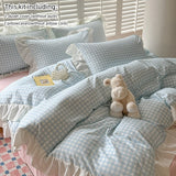3pcs Pink Grid Bedding Set bedding set lace duvet cover and 2pcs pillowcases (no padding), suitable for bedroom