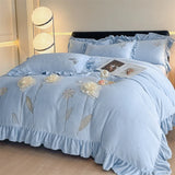 Flowers Embroidery Ruffles Thickened Soft Warm Velvet Bedding Set Queen King Size Plush Duvet Cover Set Bed Sheet Pillowcases