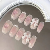 10pcs 3D Design Press on Nail Medium Glossy Pink Powder Blusher Fake Nails with Cute Bowknot Heart Pearl Full Cover False Nails